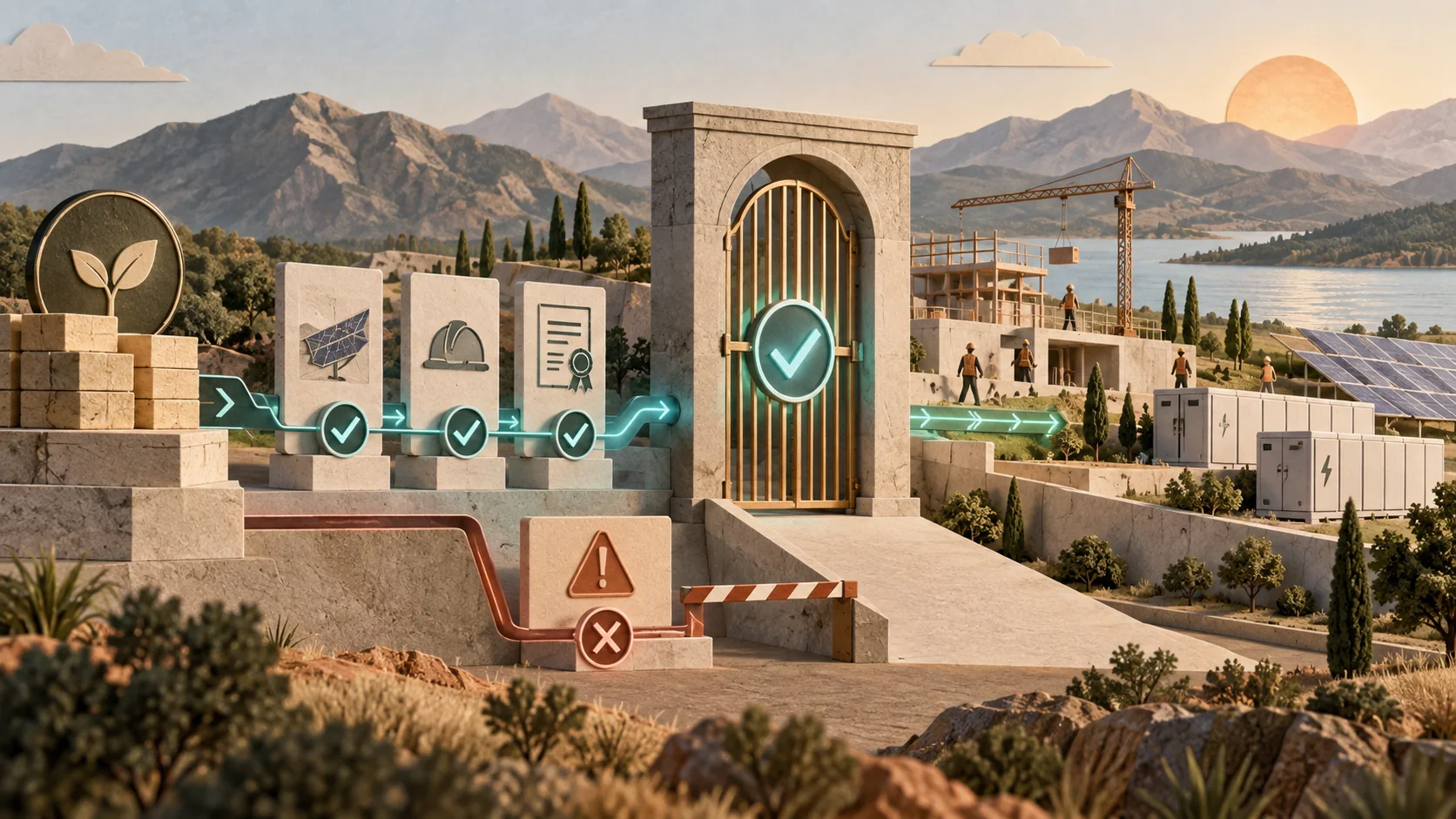 A governed gate connecting project evidence and approvals to the next stage of a solar-and-battery project
