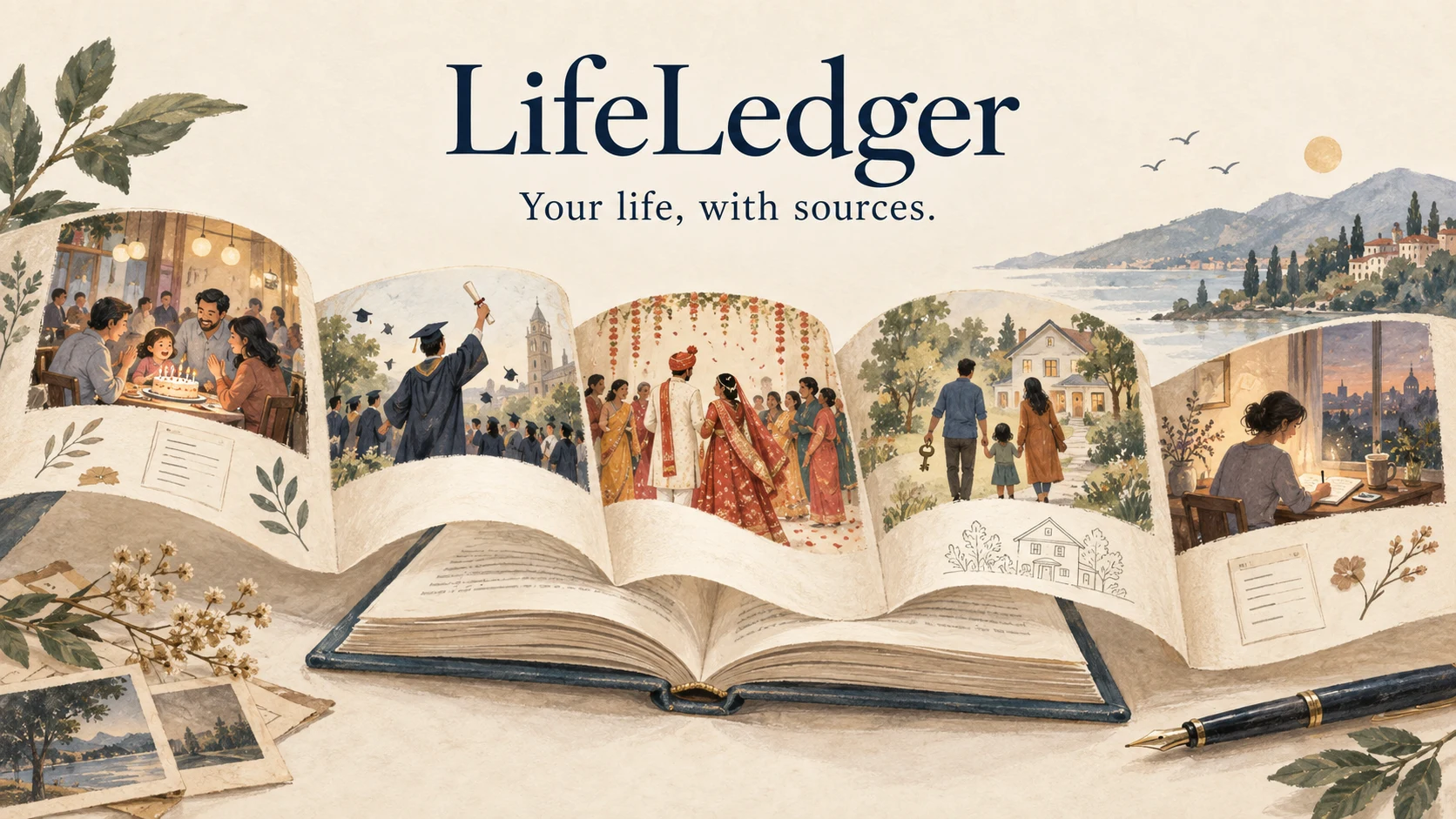 LifeLedger: pages unfold from an open journal into illustrated scenes of a birthday, graduation, wedding, a family home, and daily writing.