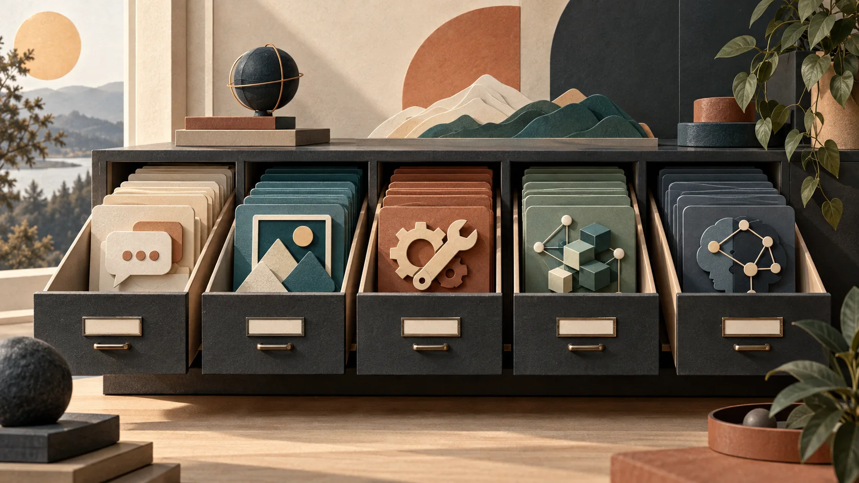 An editorial model cabinet organizing local AI capabilities