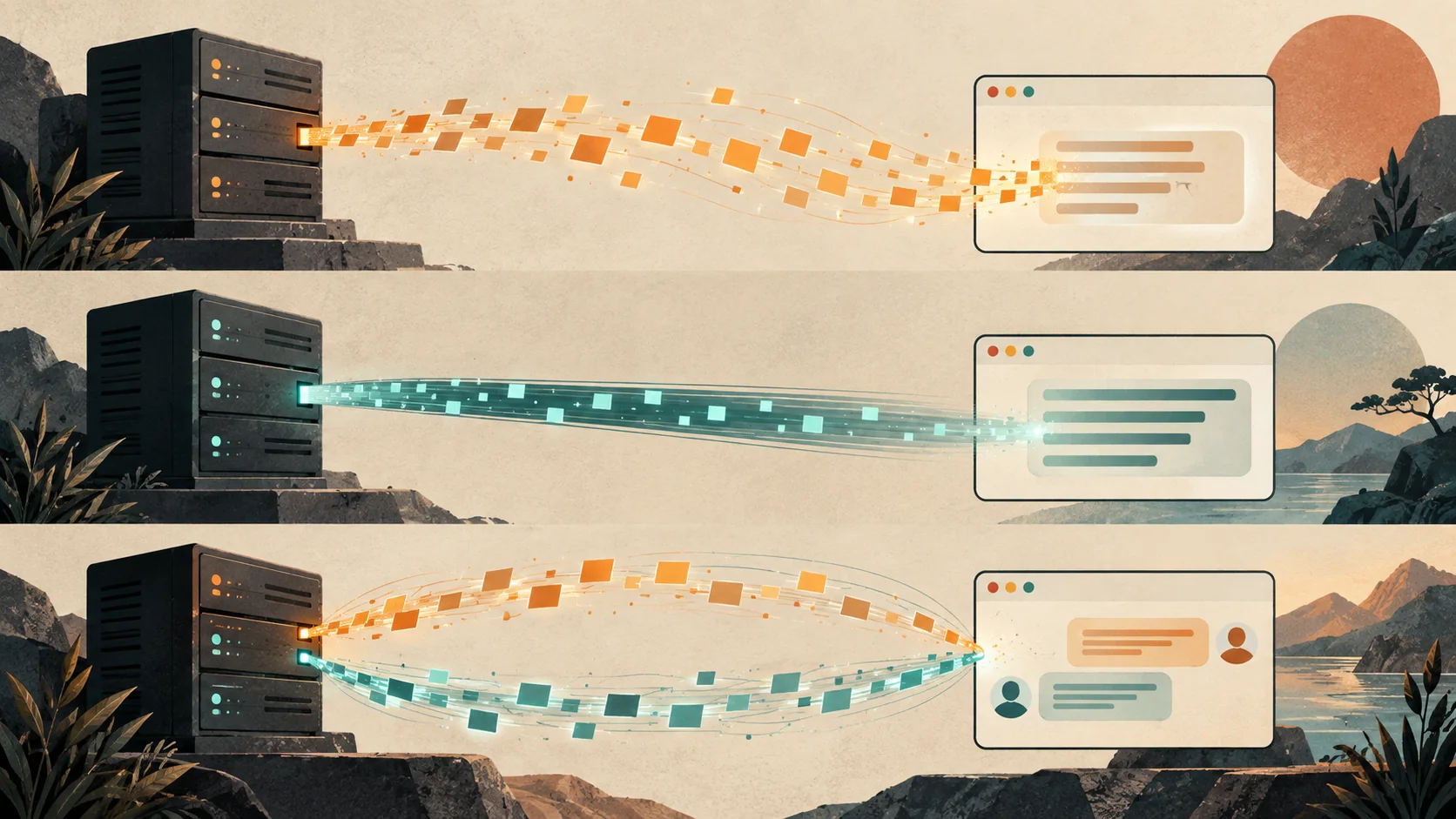 An editorial illustration of one-way and two-way AI data streams